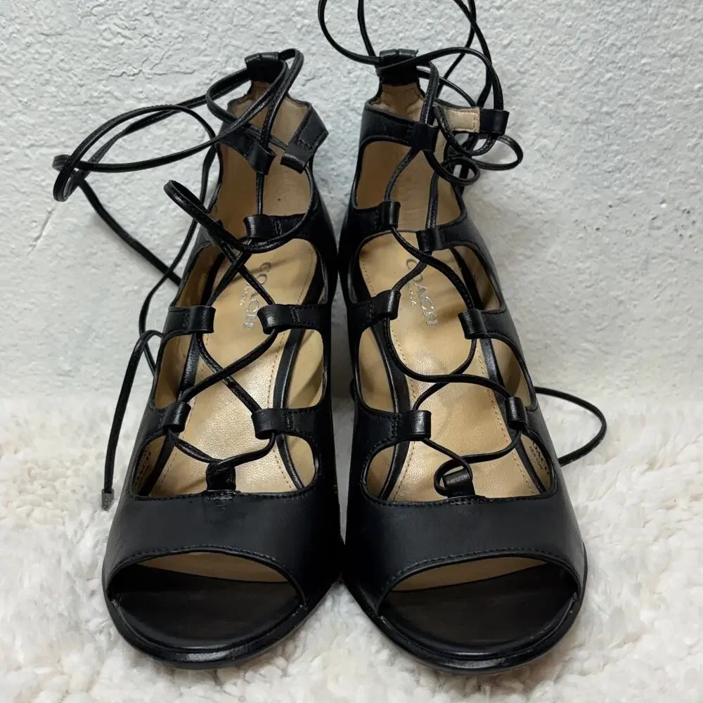 Coach Kira Stiletto Heels Womens 6B Black Leather Gladiator Lace-Up Peep Toe